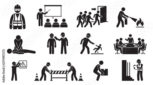 Canvas Print Workplace safety and construction site silhouettes featuring workers using equip