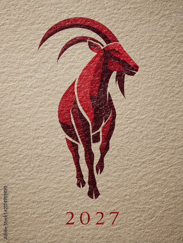 Red stylized goat, symbolizing 2027, on textured beige background. Minimalist design conveys modern, cultural, or zodiac-themed concepts. Perfect for New Year, horoscope
