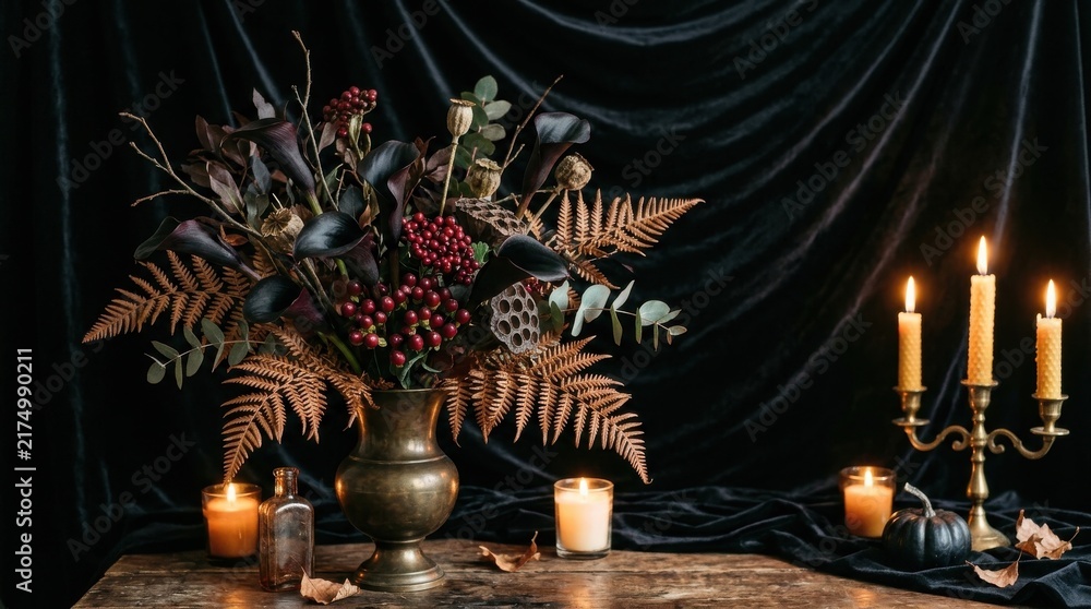 Obraz premium Chic autumn floral display featuring candles set against dark velvet backdrop creating warm inviting ambiance