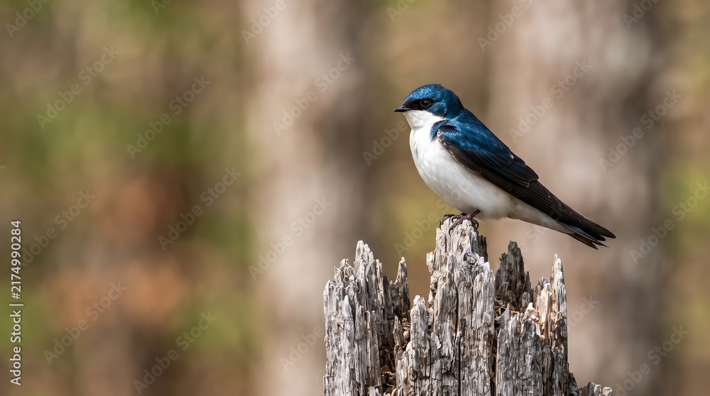 Obraz premium A beautiful tree swallow perched on a weathered wooden fence post in a natural forest setting