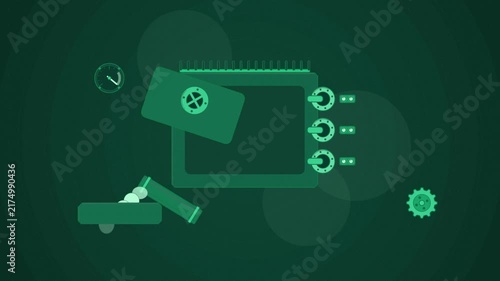 Abstract animated escrow conditional release drawn as green and teal lines and shapes on a deep dark background. Seamless looping 4K motion graphics video with free space for text, ideal for business 
