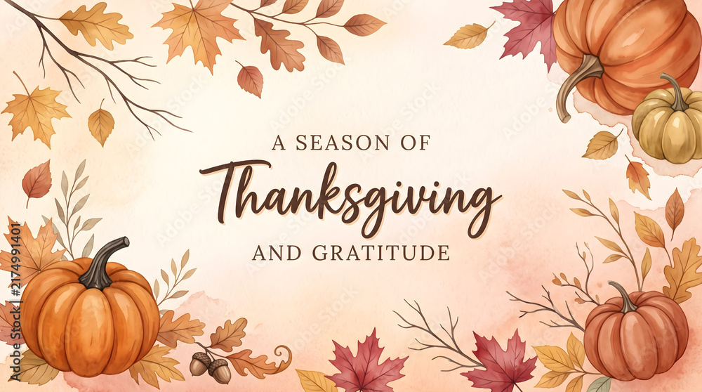 Fototapeta premium Elegant greeting card with festive text surrounded by watercolor pumpkins and autumn leaves on a light background, joyful seasonal message, Thanksgiving.