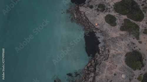 Cinematic high-angle drone flight over Punta della Suina natural park in Salento, Southern Italy. Scenic coastline with clear sea and pine forest during twilight.