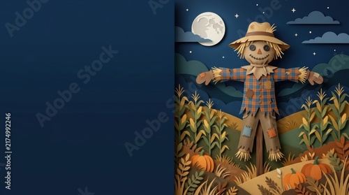 Scarecrow standing in autumn harvest field paper cut illustration 3D render