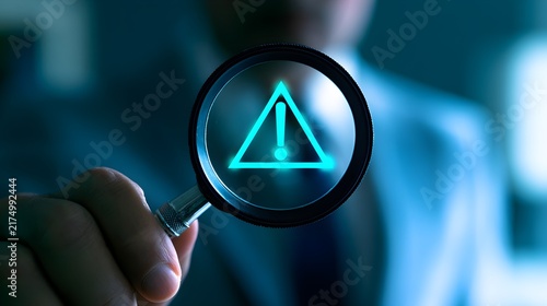 Glowing warning sign under magnifying glass, cyber security alert symbol, blue digital risk inspection image