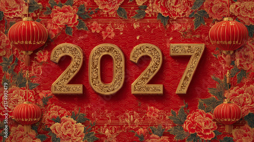 Festive 2027 text in ornate gold font on vibrant red backdrop