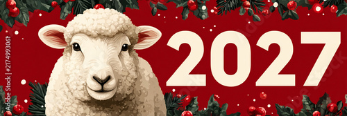 Cute white sheep faces camera, beside bold '2027' text. Red background with holly and berries decor. Festive, cheerful holiday design. Perfect for New Year, Christmas, or event banners