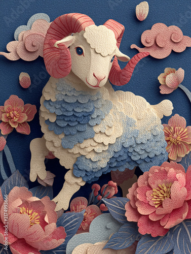 Festive sheep with textured wool and colorful paper blooms