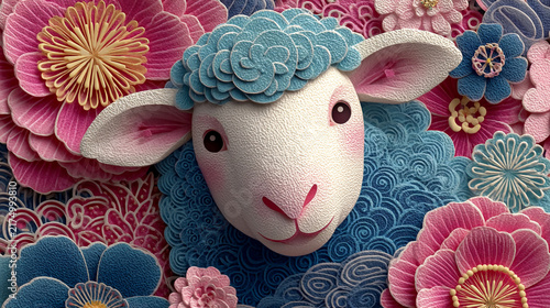 Festive sheep with textured wool and colorful paper blooms