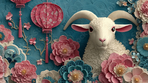 Festive sheep with textured wool and colorful paper blooms