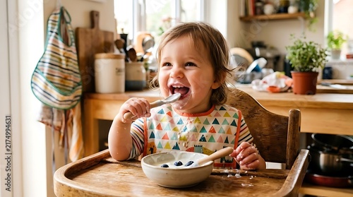 Joyful Toddler Eating Yogurt and Berries with a Spoon at a Kitchen Table