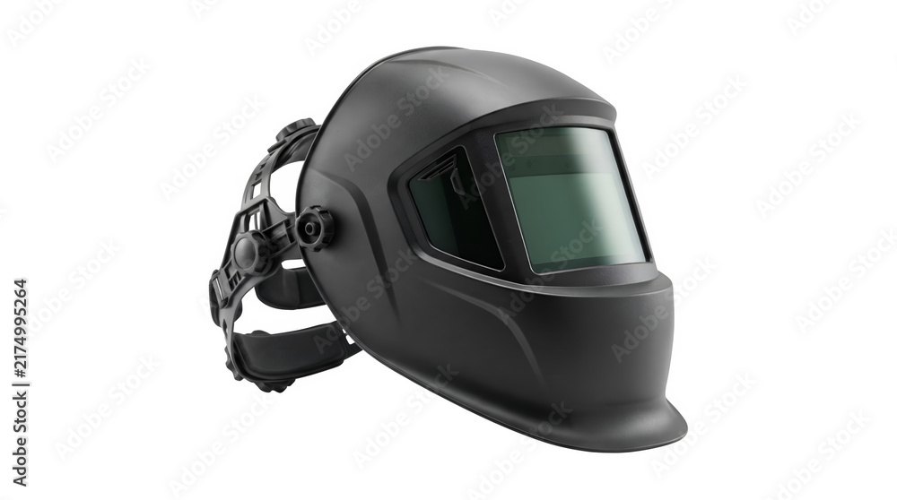 Fototapeta premium Professional black welding helmet, industrial auto-darkening welder mask, protective headgear for metalwork and construction safety