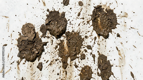 Brown mud splattered on white surface in bright daylight