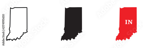 Three variations of the indiana state map outline, including a black line a solid black silhouette, and a red shape with in
