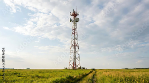 Cellular tower in a green field landscape.