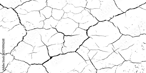 Abstract Fragmented Dry Ground Texture With Bold Cracks on White Background.