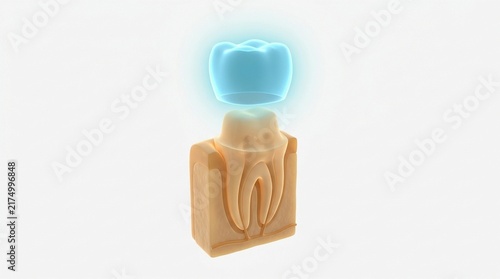 3D Illustration of a Dental Crown Procedure Showing a Glowing Blue Tooth Prosthesis on a Molar