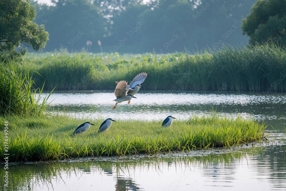 Fototapeta premium Black crowned herons perch on grassy bank near water one bird takes flight. Serene wetland scene with natural habitat for birds. Rich reeds border calm lake at sunrise. Peaceful wildlife moment.