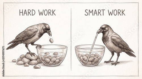 A wise bird drinking water with a straw instead of dropping stones with straw humorous sketch drinks water glass