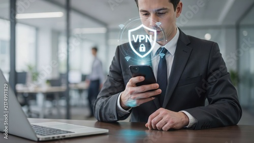 Businessman in a dark suit using a smartphone with a glowing virtual vpn shield for secure internet connection and digital privacy protection