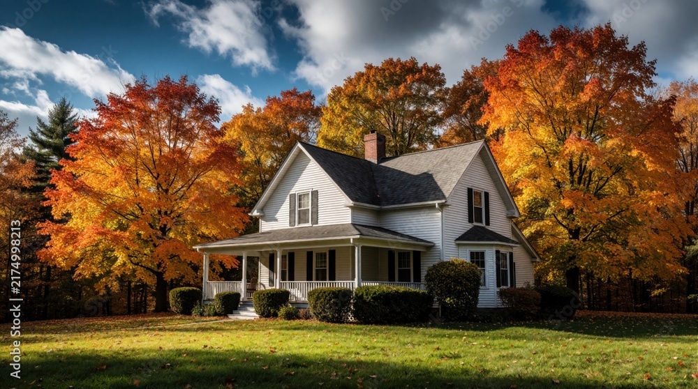 Obraz premium White house sits amongst vibrant autumn trees. Colorful leaves display fall foliage. Rich green lawn surrounds the home. Clear blue sky with clouds overhead.
