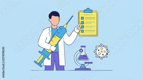 Foto Scientist with giant syringe for vaccine development and virus research