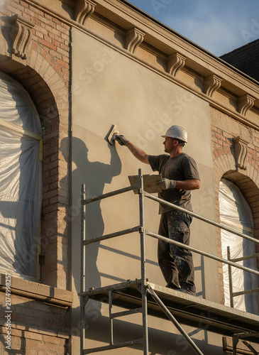 Construction worker applying stucco finish to brick building facade, exterior renovation, scaffolding, plastering