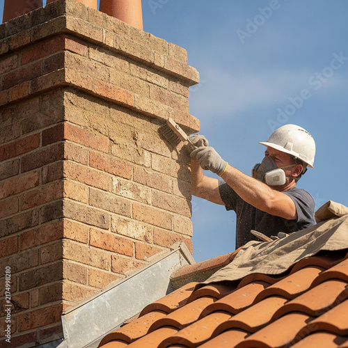 Red brick chimney corner detail. Roofer repairing stonework mortar joints. Construction industry professional working on outdoor building exterior roof.