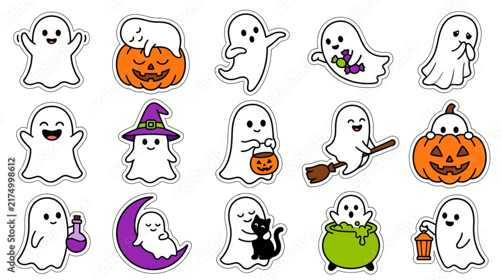 Fototapeta premium Cute Halloween Ghost Stickers Set Vector Illustration with Spooky Characters, Jack-o'-Lanterns, Witches' Hats, and Magic Potions for Festive Seasonal Designs