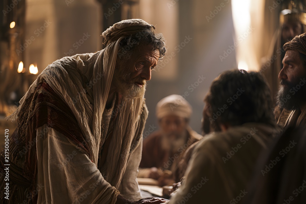 Fototapeta premium Ancient middle eastern man with a beard and head covering engaging in a serious conversation with a group of people