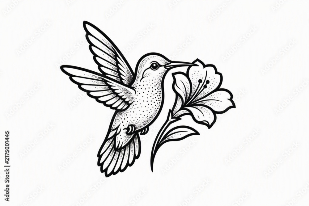 Obraz premium Tattoo Linework Hummingbird Flower Design