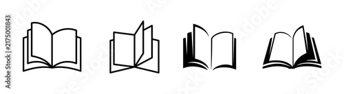 Open book icon, set of 4, outlined and flat style, isolated on white background