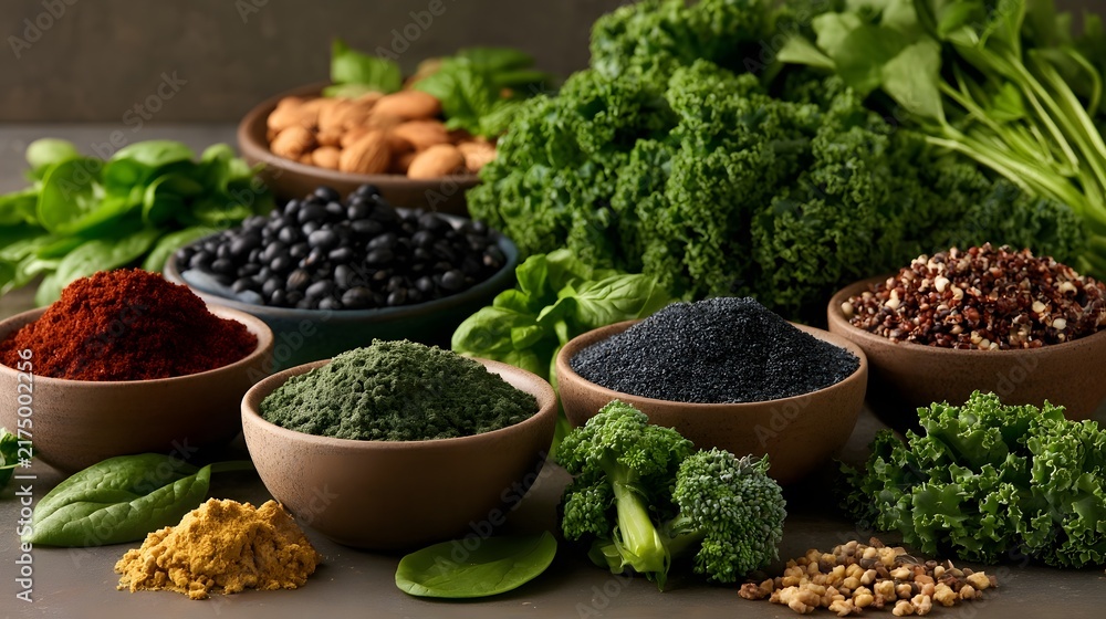 Obraz premium A vibrant collection of fresh greens whole grains legumes and powdered superfoods displayed in rustic bowls for healthy eating
