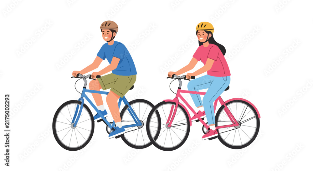 Fototapeta premium Active couple riding bicycles wearing helmets. Happy man and woman cycling together on bikes. Flat vector illustration of outdoor fitness.