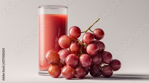 Fresh red grape juice in glass beside ripe grapes isolated on white