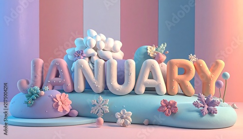 January Month Name in Pastel Colors with Winter and Floral Decorations.