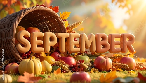 September Autumn Harvest Abundance with Basket of Fruits and Vegetables.