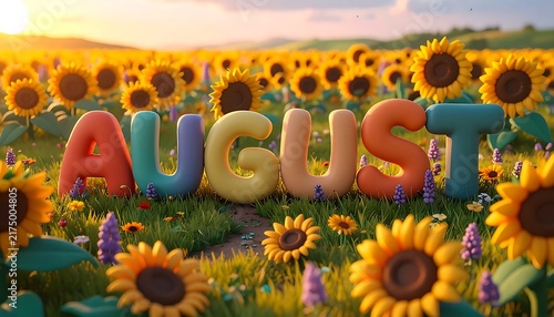 August word art in a vibrant sunflower field at sunset.