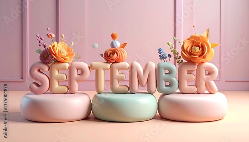 Charming September Text Decoration with Floral Accents on Pedestals.