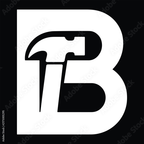 B Letter Hammer Monogram Logo, Geometric Mechanical Tool Symbol, Industrial Construction Engineering Emblem, Bold Black Minimalist Vector Icon