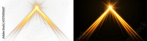 Golden light beams and sunburst effect. Bright yellow glowing rays on transparent background