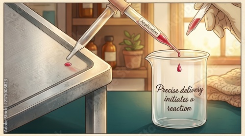 Illustration of a laboratory setting with a pipette dispensing red liquid onto a surface and into a beaker, symbolizing scientific research and precis