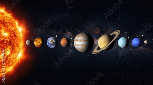 A detailed panoramic view of the solar system showing the sun and all planets in alignment in space