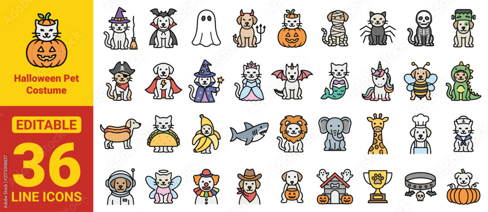 Obraz premium Halloween pet costume icon set with cute dogs and cats dressed as witches, ghosts, vampires, superheroes, pirates, fairies, unicorns and fantasy characters