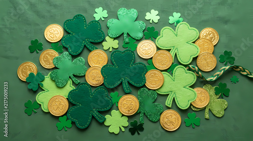 Green shamrock leaves and golden coins arranged on a fabric surface create a festive celebration scene representing luck prosperity and traditional holiday customs for seasonal spring festival