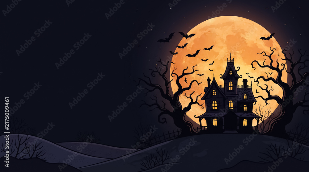 Fototapeta premium Spooky Halloween landscape featuring a silhouette of a haunted mansion on a hill, a full moon, bats, and gnarled trees.