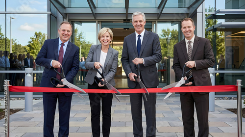 Professional Business Team Performing A Ribbon Cutting Ceremony During A Grand Opening Event In Front Of A Corporate Building Entrance Celebrating The Completion Of A Commercial Development