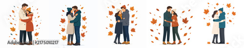 vector flat couple standing hugging intimately autumn vibes