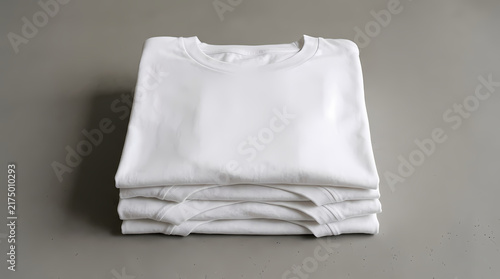 A neat stack of folded cotton shirts arranged precisely on a tabletop surface ready for retail display purposes showing basic apparel manufacturing quality and textile texture for clothing