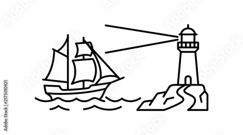 Nautical navigation signage displaying a tall lighthouse tower on a rocky cliff shore guiding an ancient sailing vessel across wavy turbulent sea waters during a dark and stormy night maritime